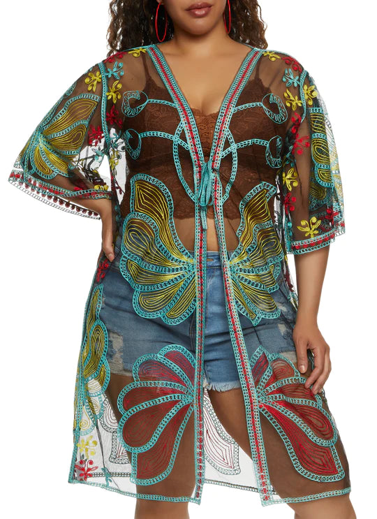Embroidered Tie Front Kimono