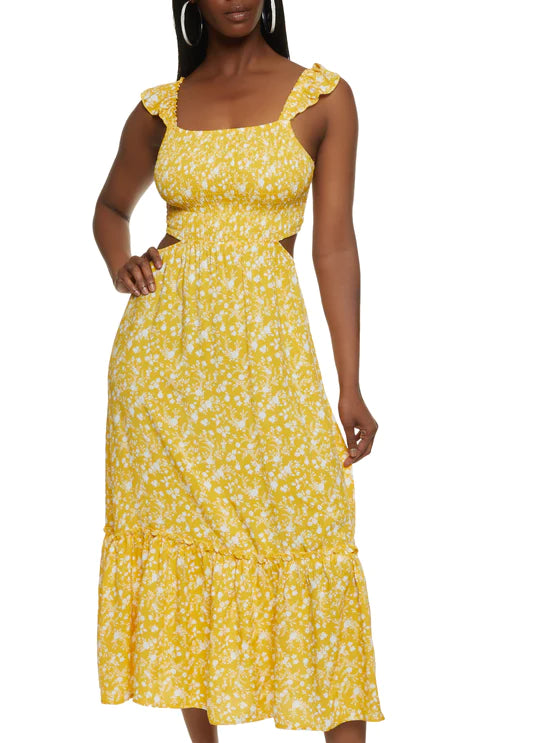 Floral Open Tie Back Sundress - Yellow